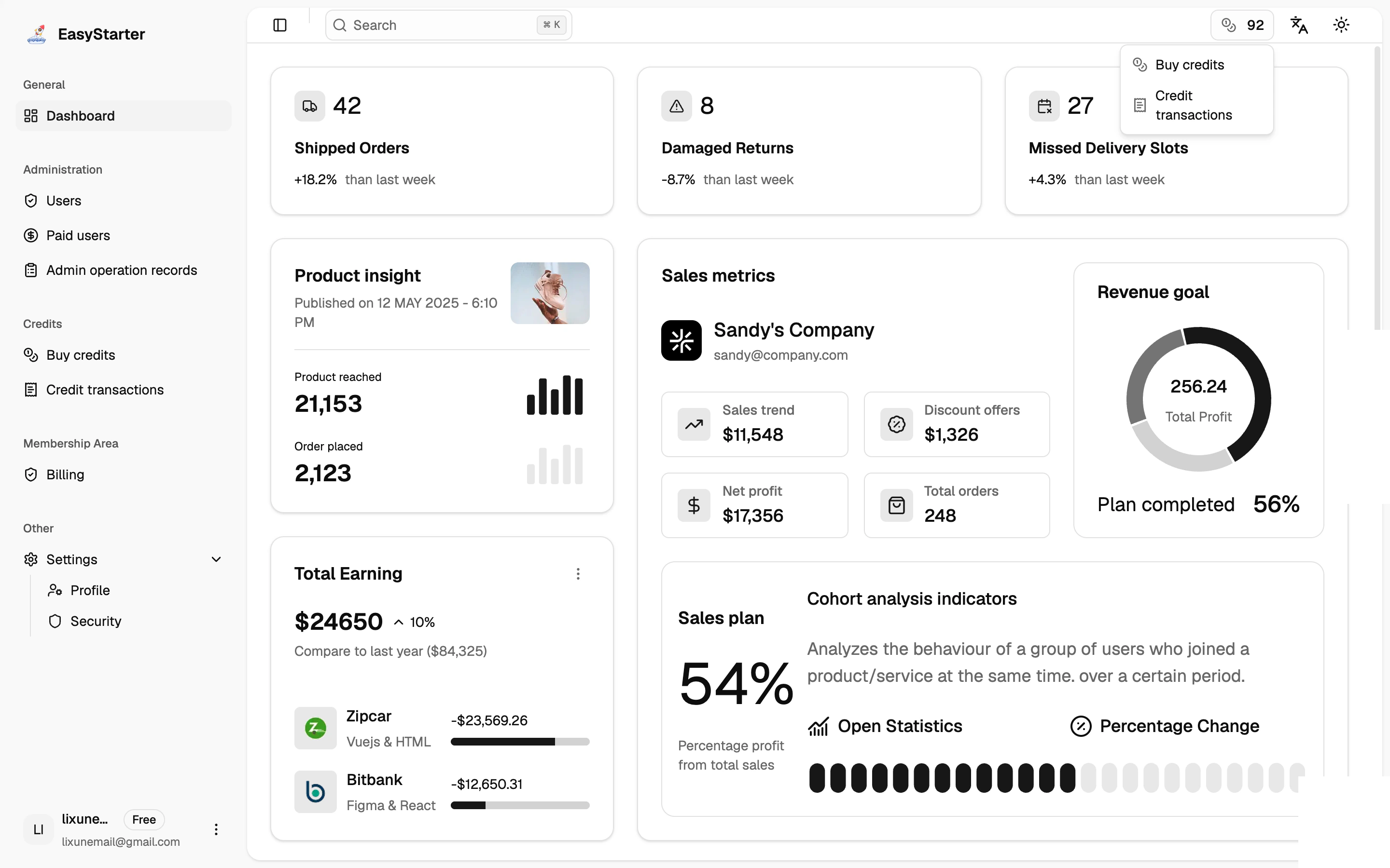 EasyStarter dashboard with the credit balance menu open